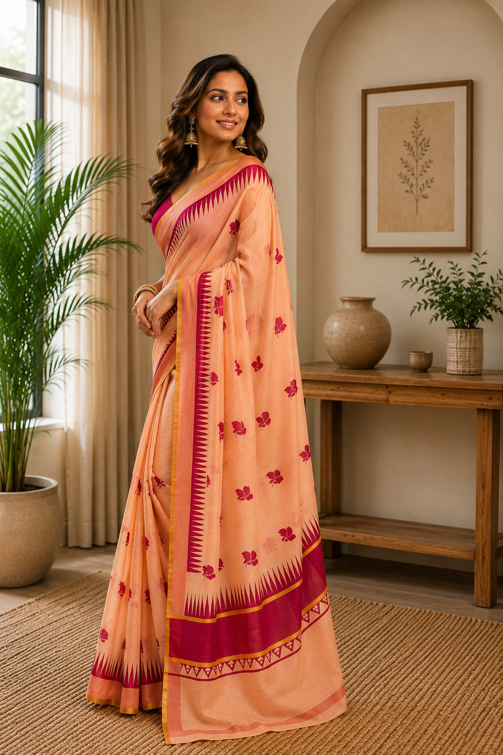 Peach printed Chanderi Cotton ready-to-wear saree with unstitched blouse