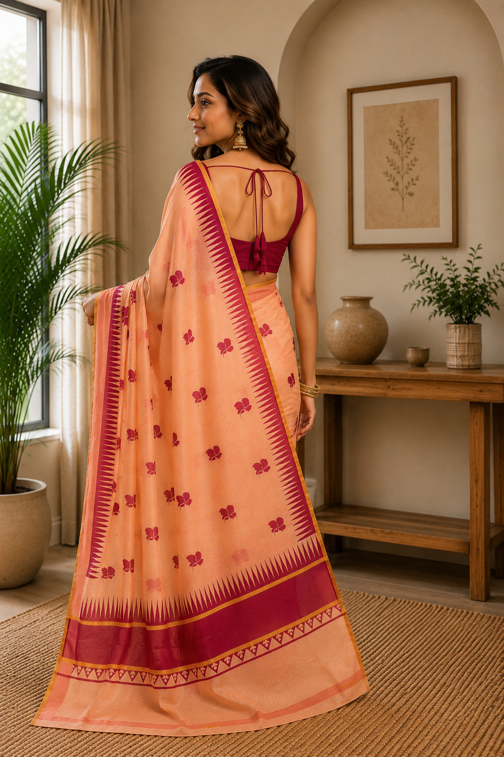 Peach Printed Chanderi Cotton Ready-to-Wear Saree with Blouse