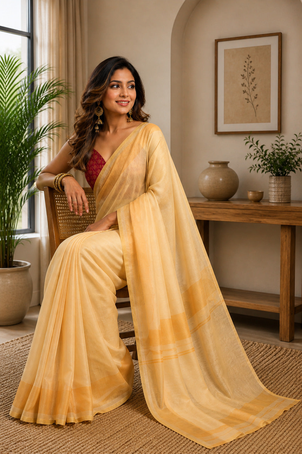 Yellow Printed Ready-to-Wear Chanderi Cotton Saree with Blouse