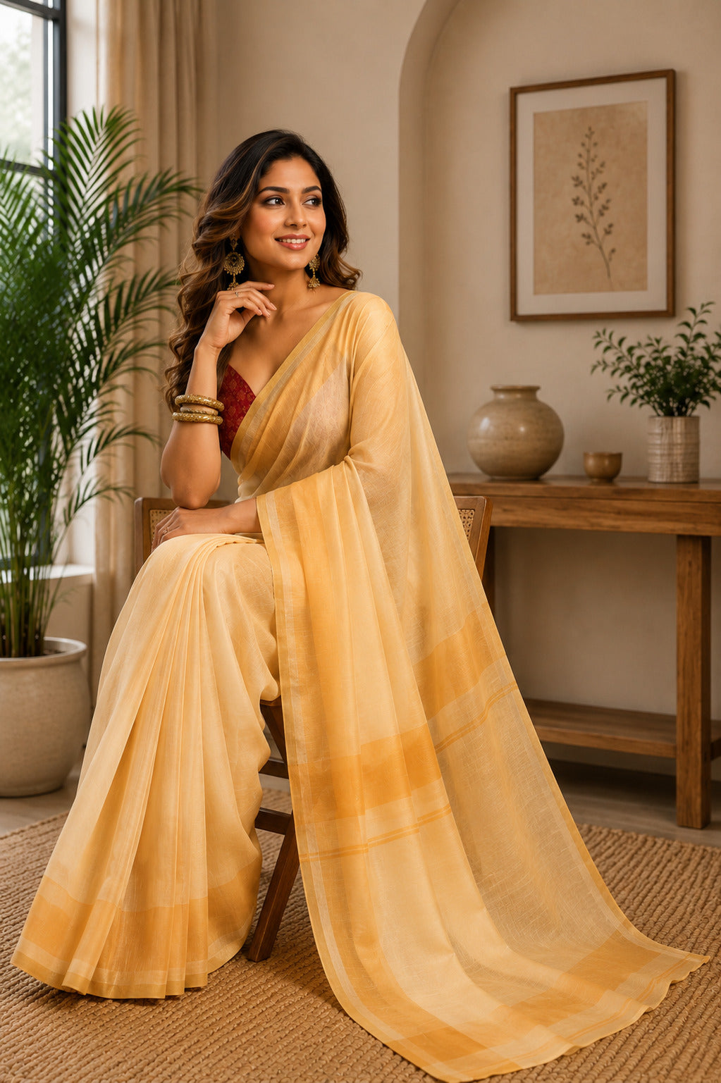 Yellow Printed Ready-to-Wear Chanderi Cotton Saree with Blouse