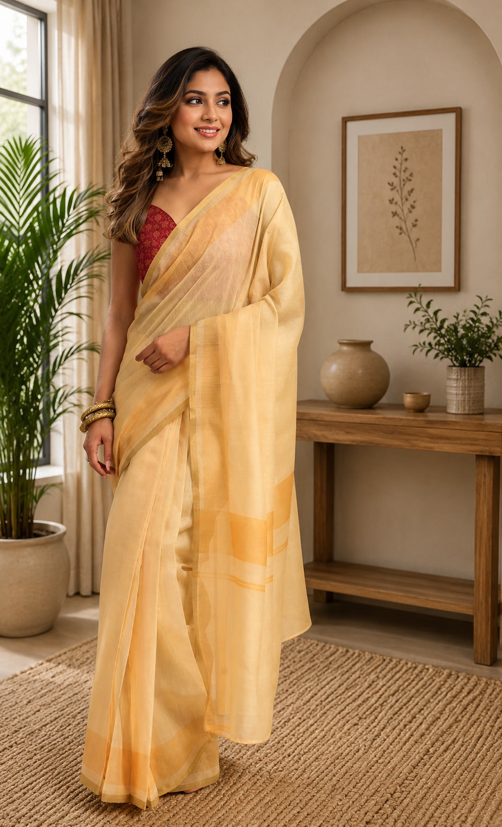 Yellow Chanderi Cotton printed ready-to-wear saree with unstitched blouse piece