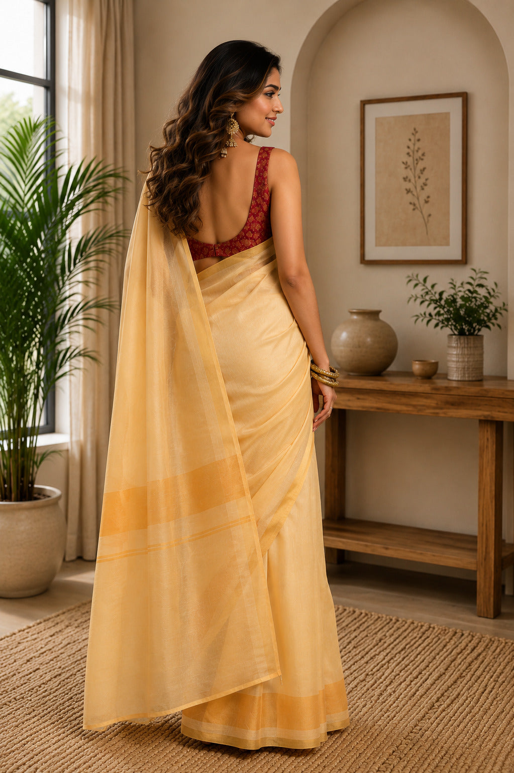 Yellow Printed Ready-to-Wear Chanderi Cotton Saree with Blouse