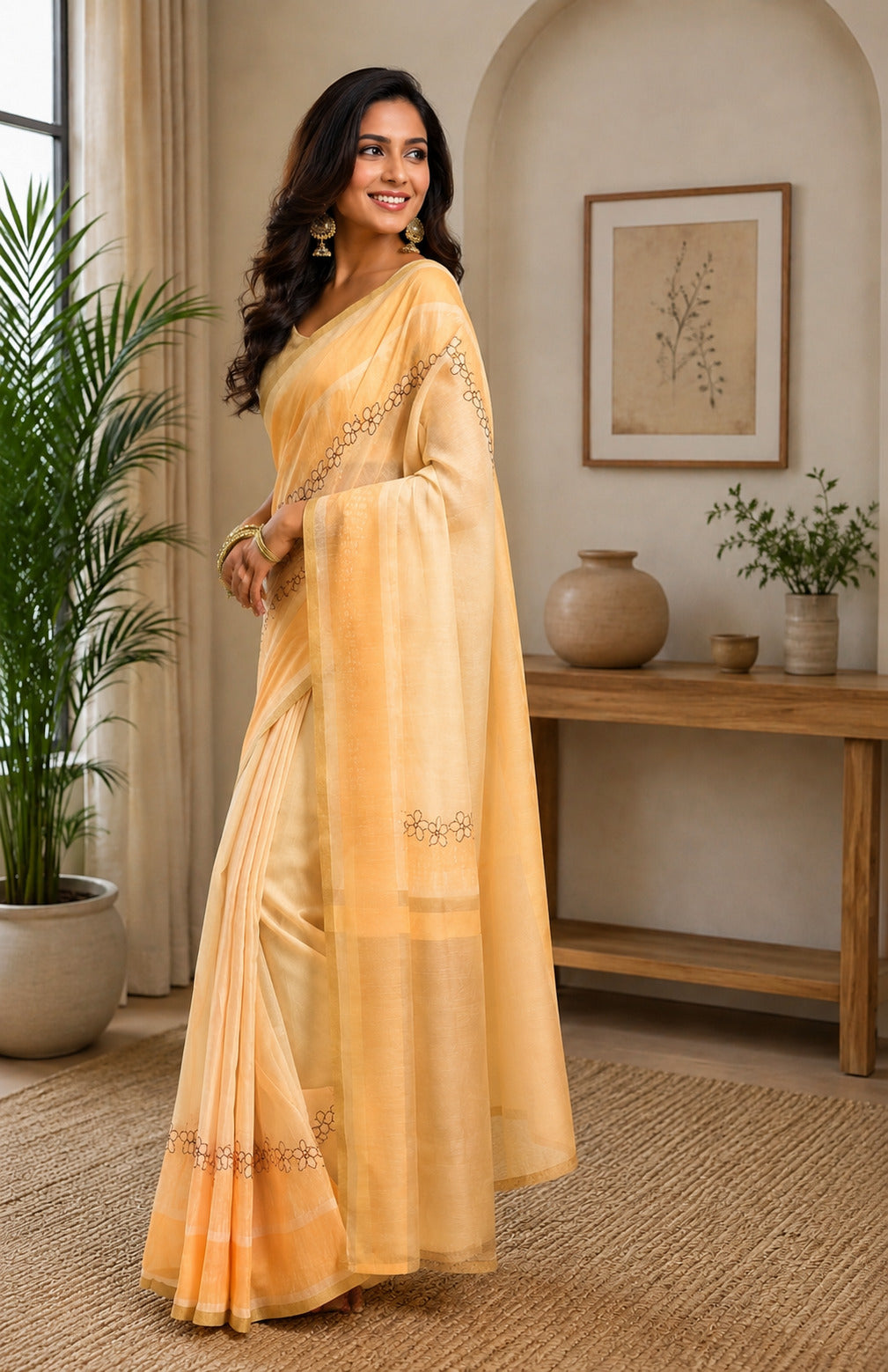 Yellow Printed Chanderi Cotton Ready To Wear Saree with Blouse