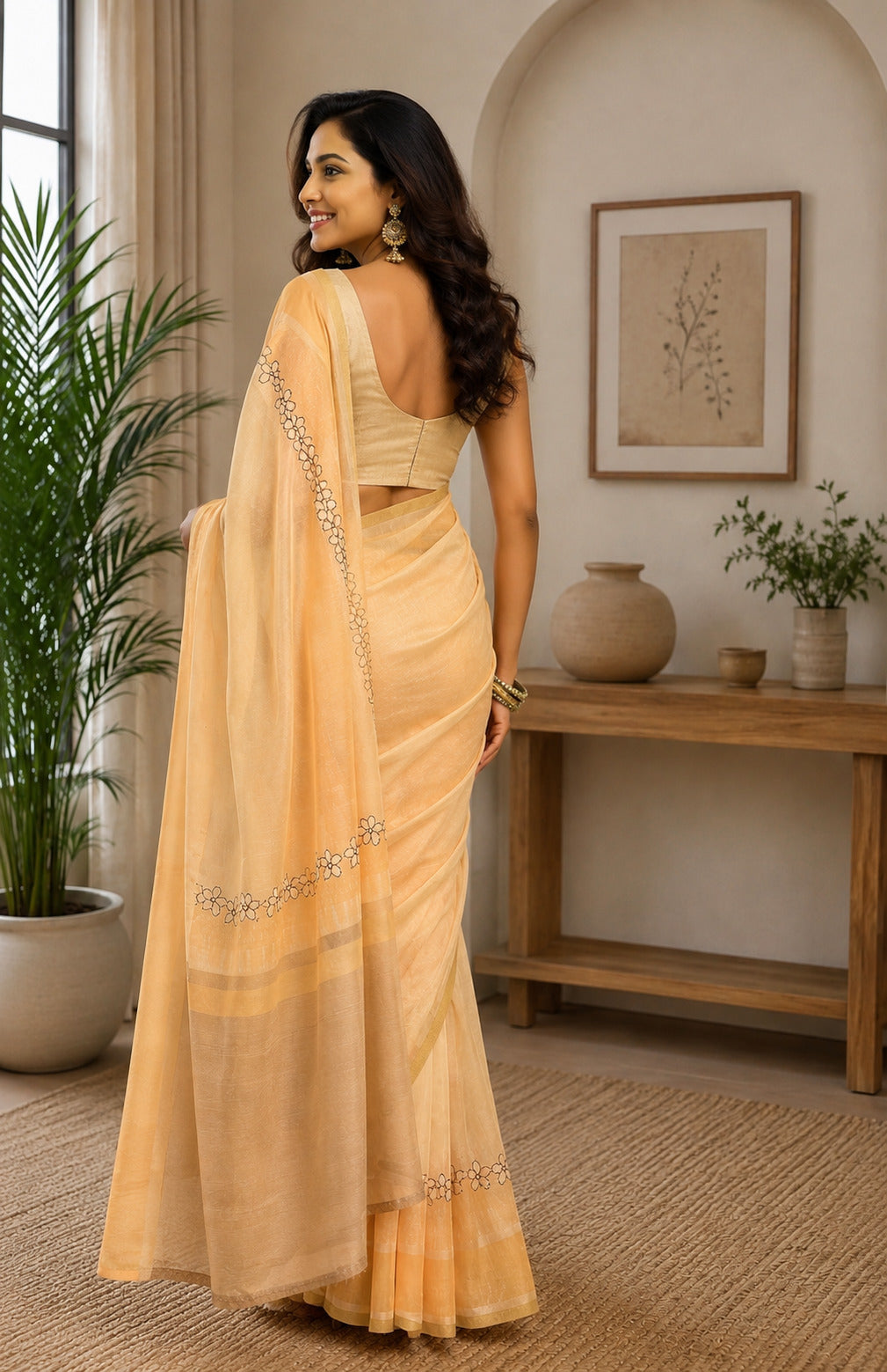 Yellow Printed Chanderi Cotton Ready To Wear Saree with Blouse