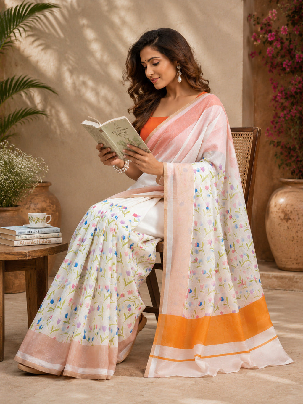White Printed Ready-to-Wear Chanderi Cotton Saree