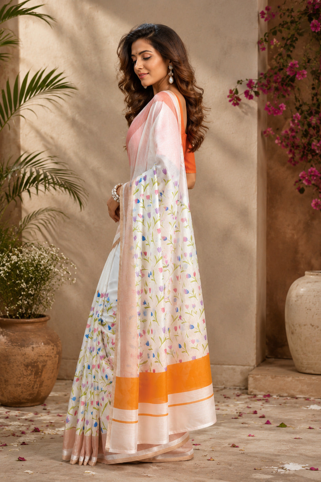 White Printed Ready-to-Wear Chanderi Cotton Saree