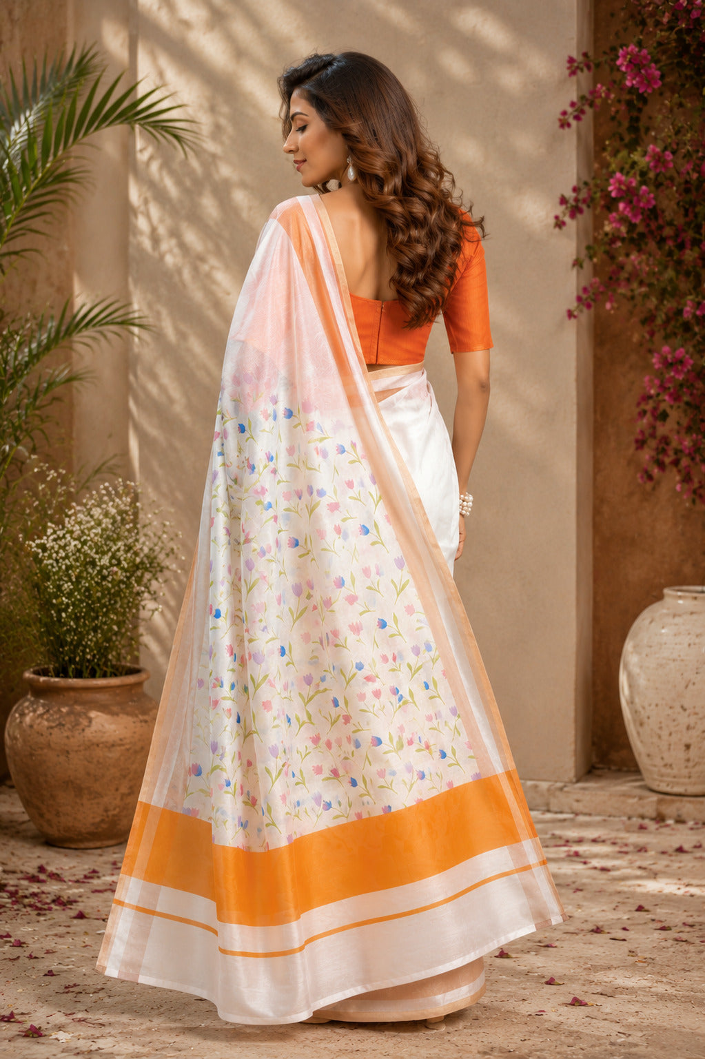 White Printed Ready-to-Wear Chanderi Cotton Saree