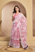 White printed linen ready-to-wear saree with matching unstitched blouse piece