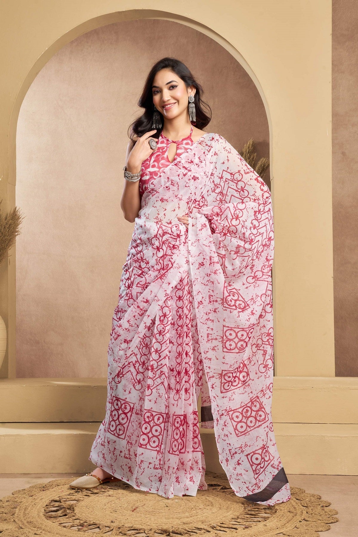 White printed linen ready-to-wear saree with matching unstitched blouse piece