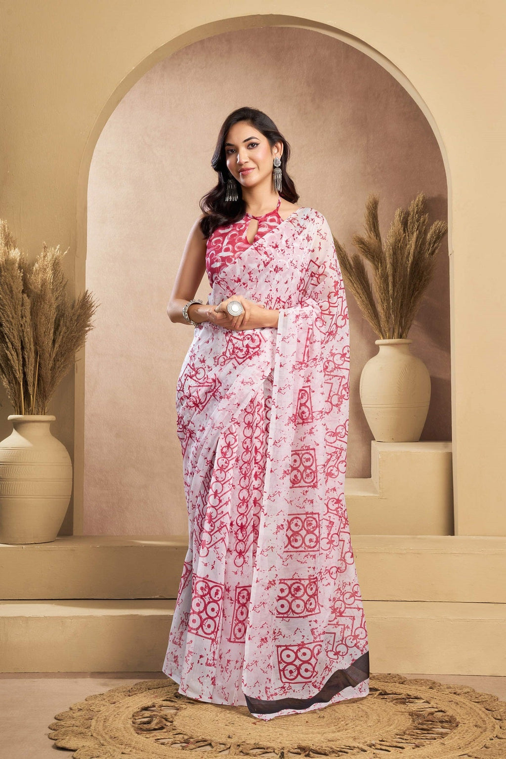 White Printed Linen Ready-to-Wear Saree with Unstitched Blouse