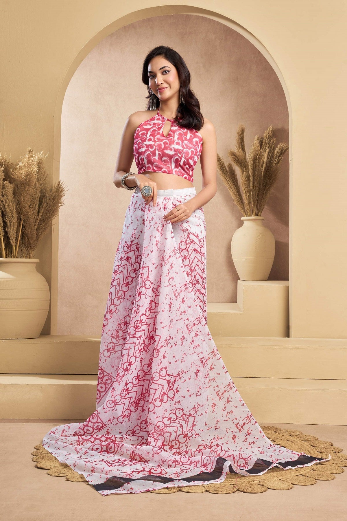 White Printed Linen Ready-to-Wear Saree with Unstitched Blouse