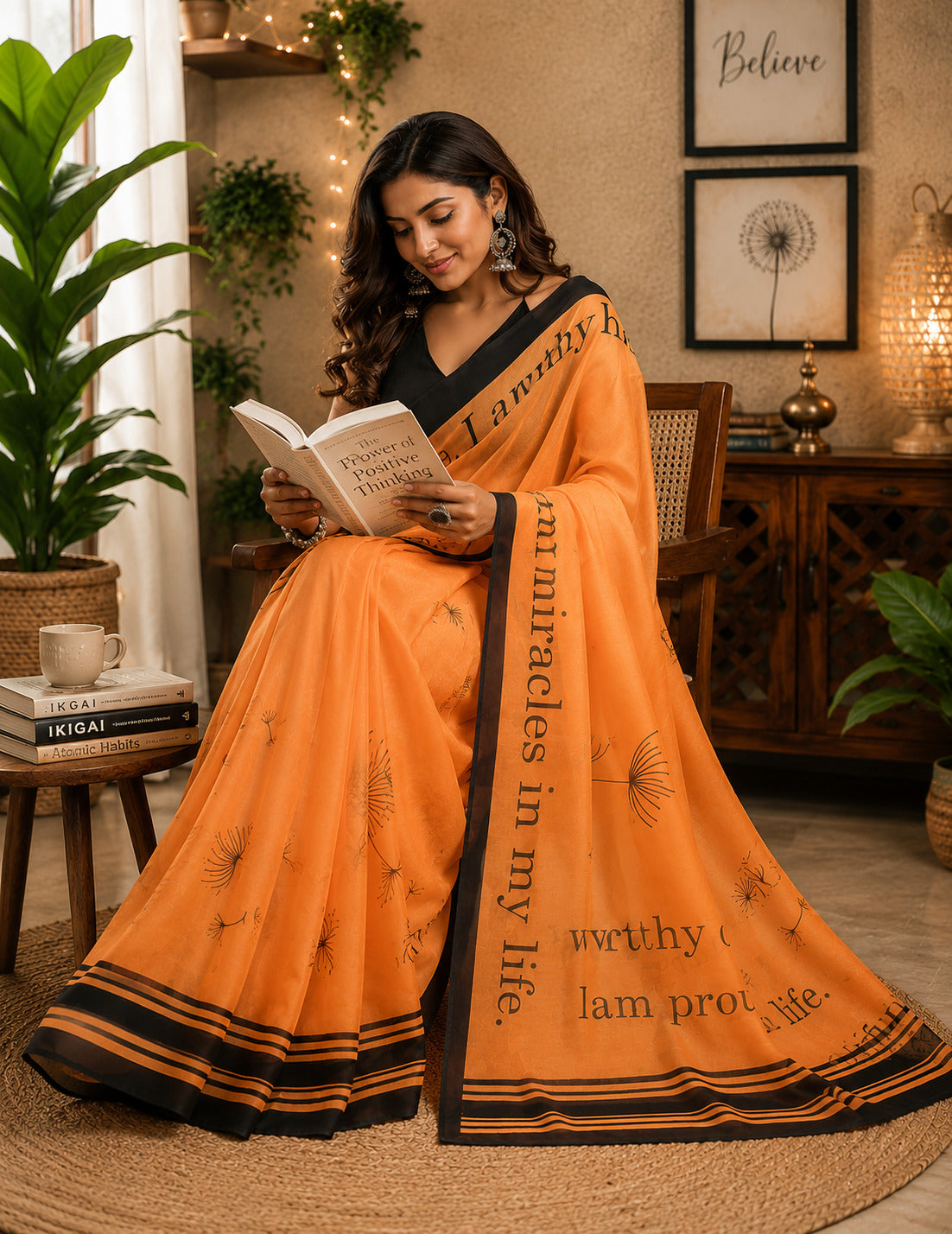 Orange Printed Chanderi Cotton Ready To Wear Saree