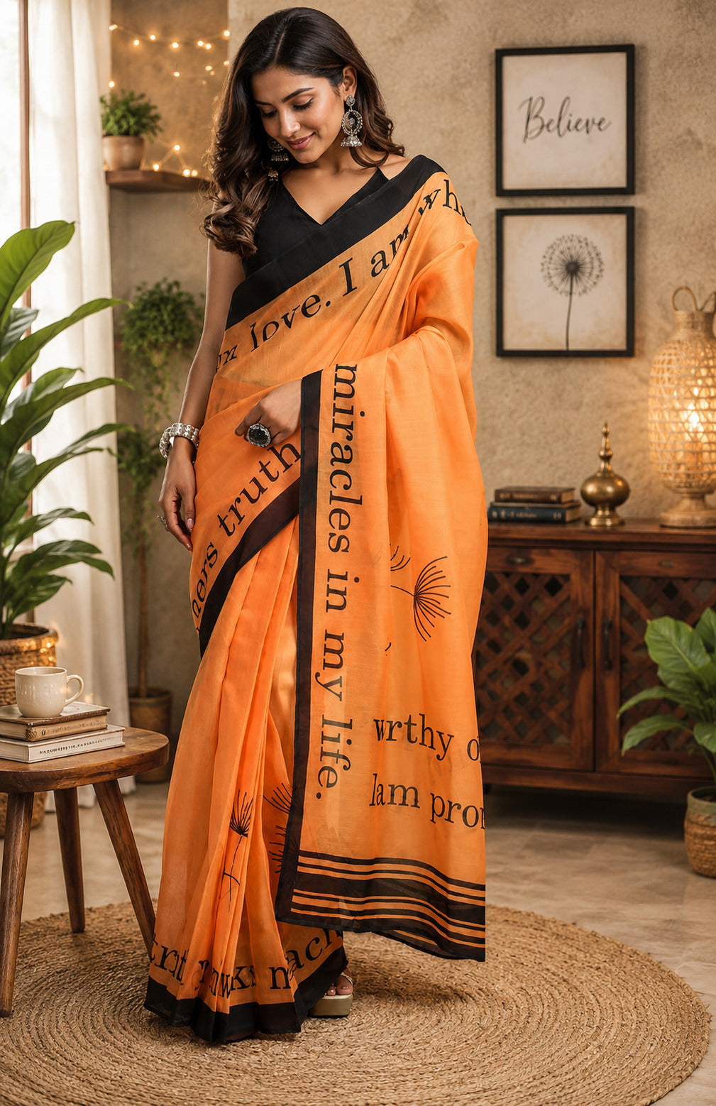 Orange Chanderi cotton ready-to-wear printed saree with unstitched blouse