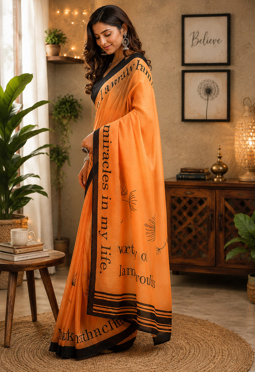 Orange Printed Chanderi Cotton Ready To Wear Saree