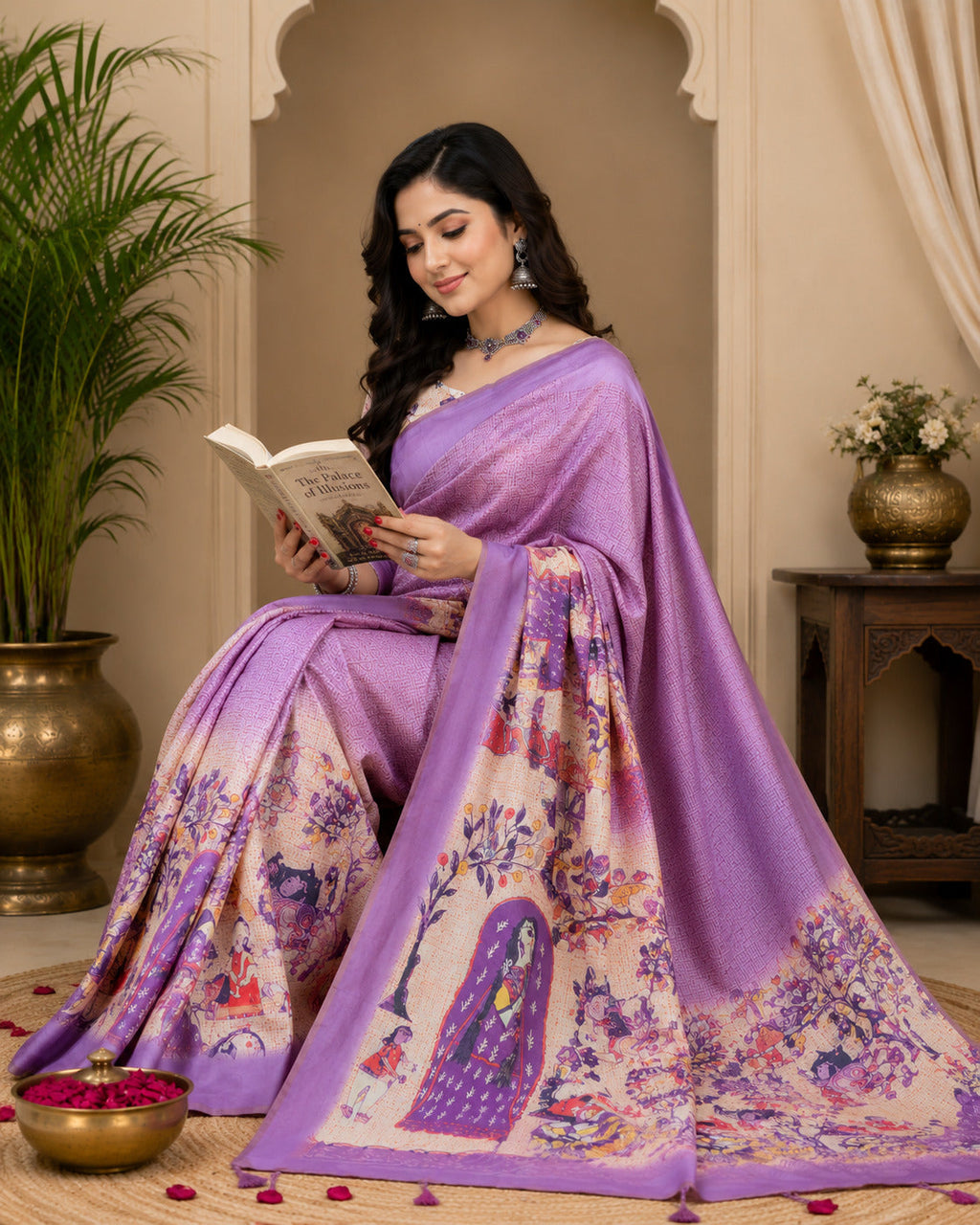 Lavender Printed Chanderi Cotton Ready To Wear Saree