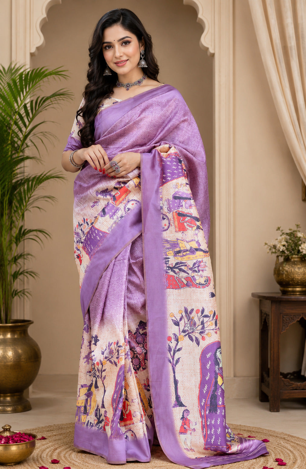 Lavender printed Chanderi cotton ready-to-wear saree with unstitched blouse