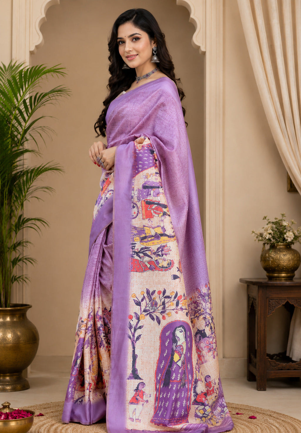 Lavender Printed Chanderi Cotton Ready To Wear Saree