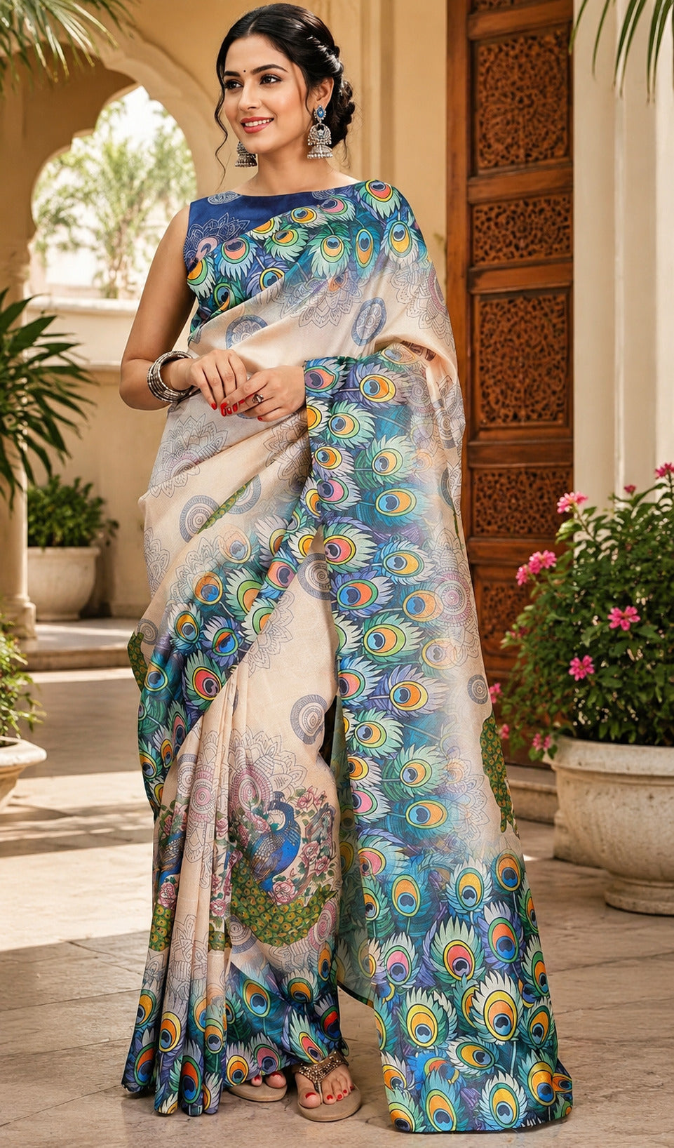White printed Chanderi Cotton ready-to-wear saree with blouse