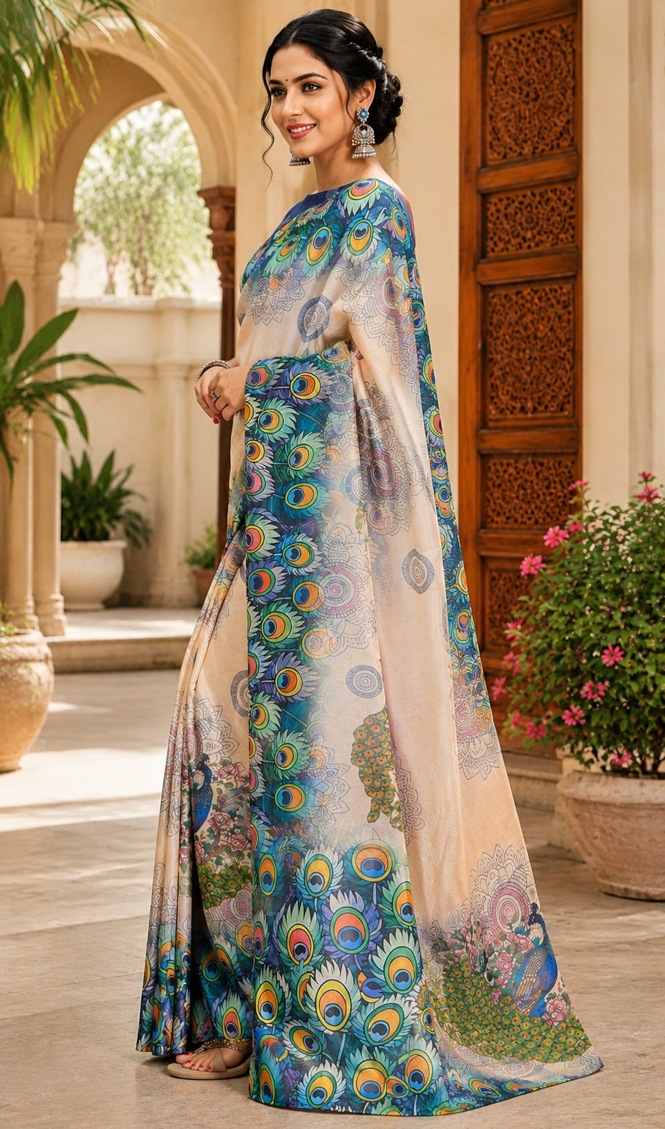 White Ready-to-Wear Printed Chanderi Cotton Saree