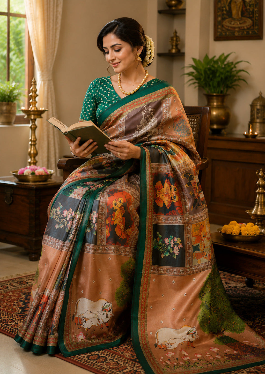 Beige Printed Ready-to-Wear Chanderi Cotton Saree with Blouse