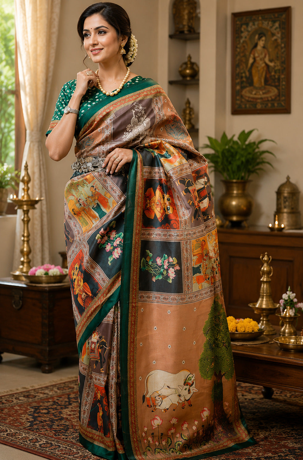 Beige Chanderi Cotton printed ready-to-wear saree with unstitched blouse