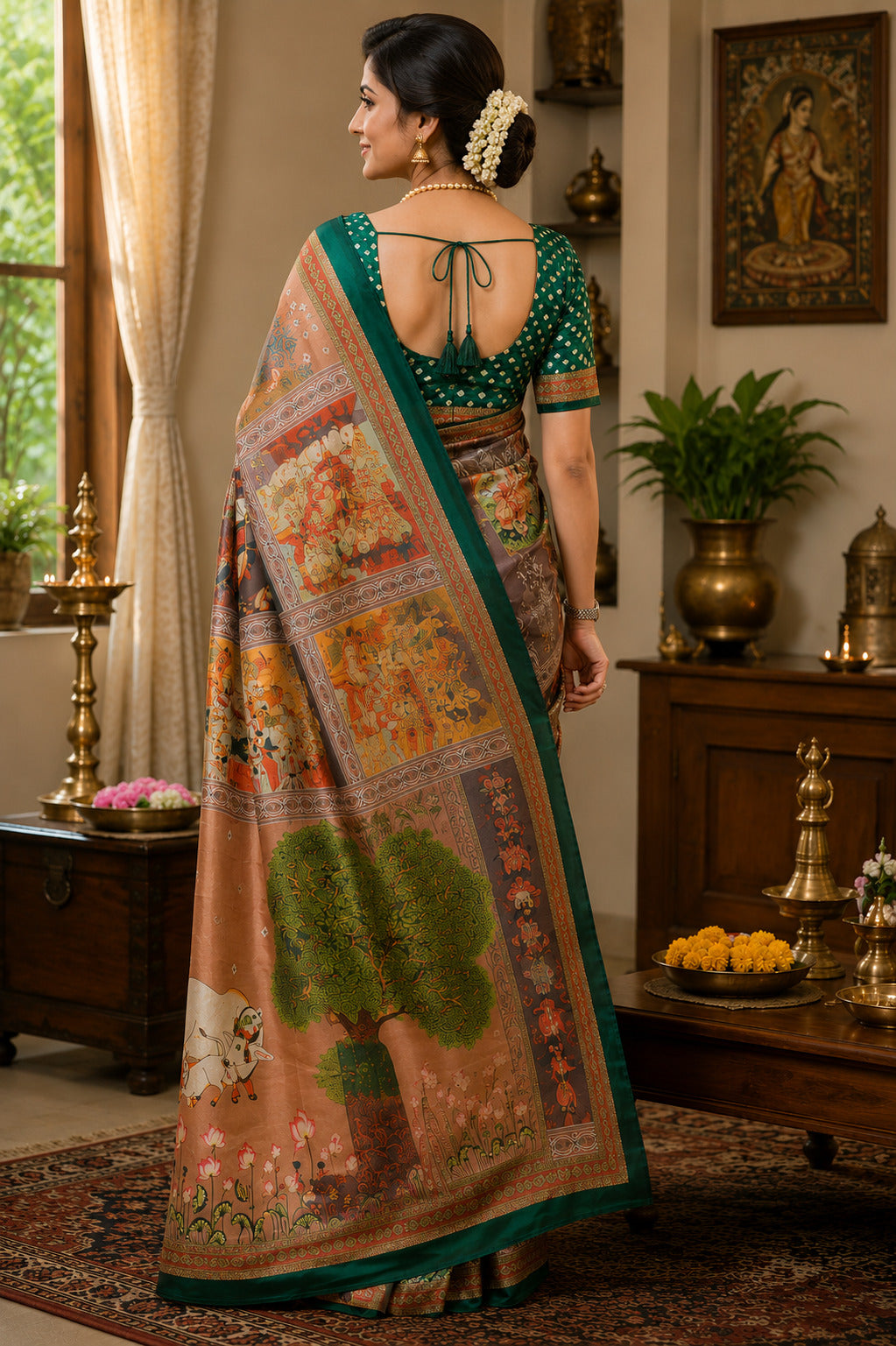 Beige Printed Ready-to-Wear Chanderi Cotton Saree with Blouse