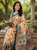 Beige Printed Ready-to-Wear Chanderi Cotton Saree with Blouse