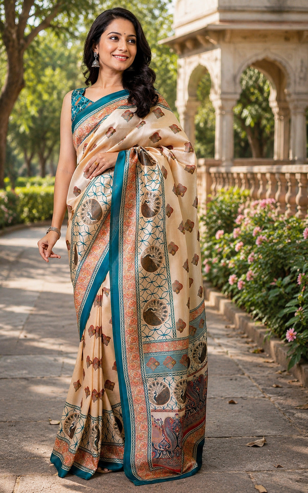 Beige Chanderi Cotton printed ready-to-wear saree with matching blouse piece
