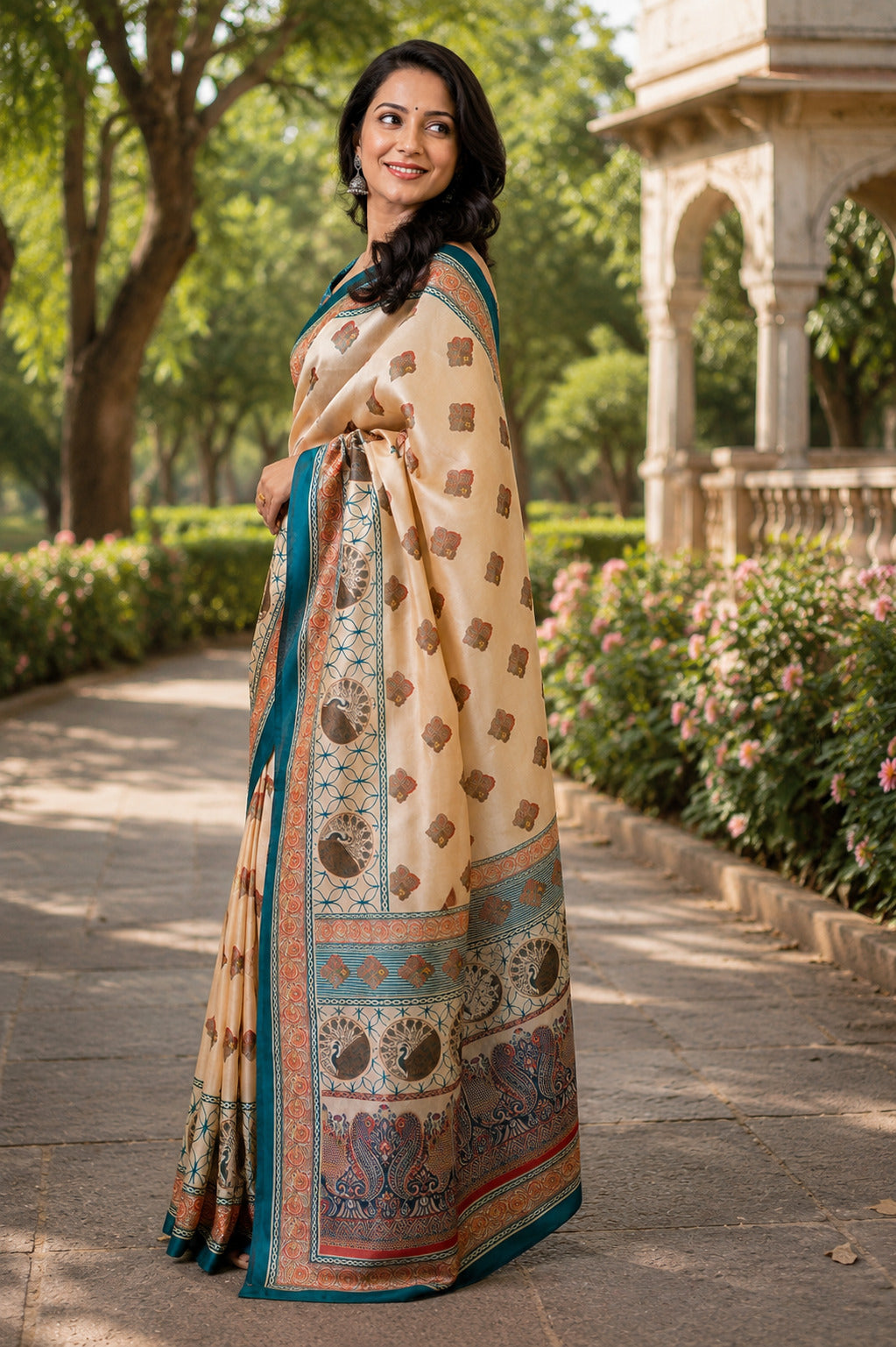 Beige Printed Ready-to-Wear Chanderi Cotton Saree with Blouse