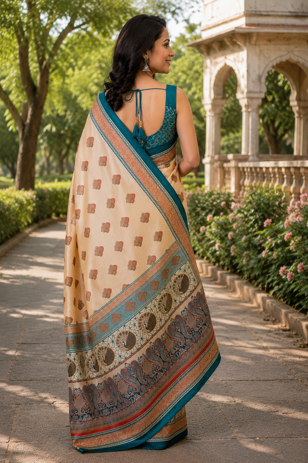 Beige Printed Ready-to-Wear Chanderi Cotton Saree with Blouse
