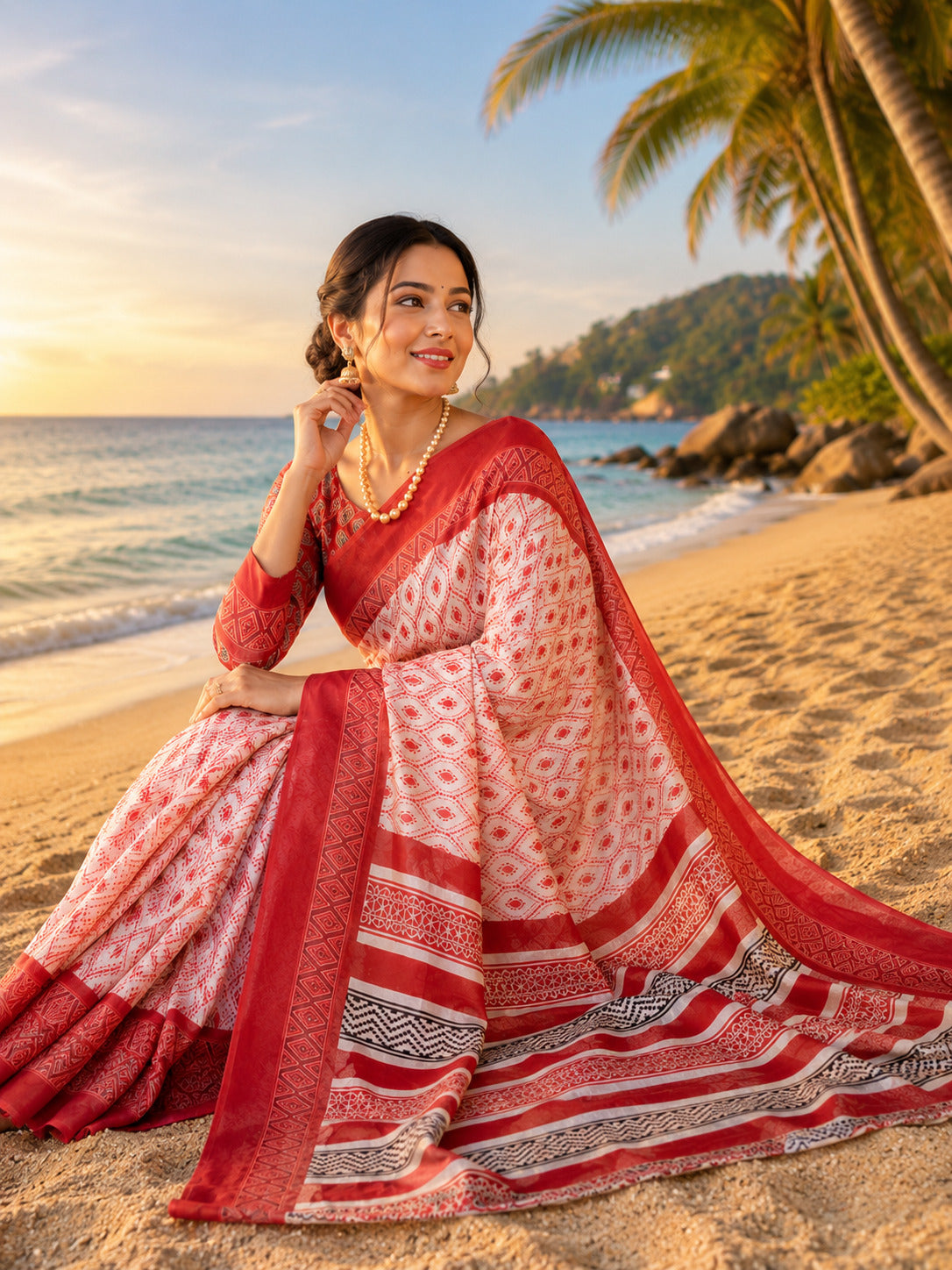 White Printed Ready-To-Wear Chanderi Cotton Saree with Blouse