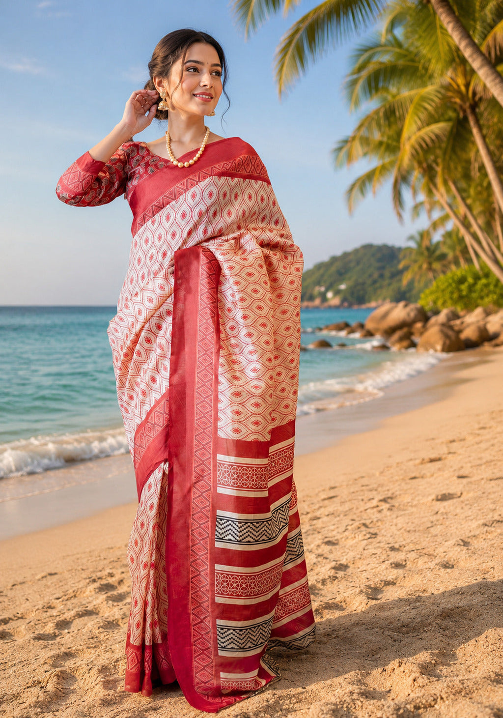 White printed ready-to-wear Chanderi cotton saree with unstitched blouse