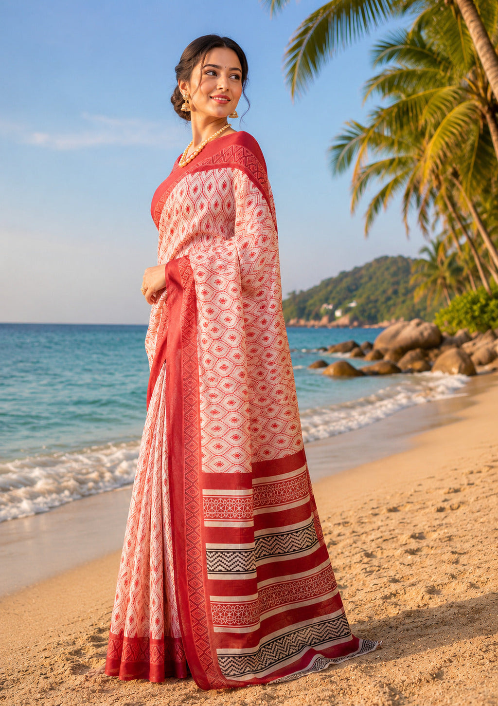 White Printed Ready-To-Wear Chanderi Cotton Saree with Blouse