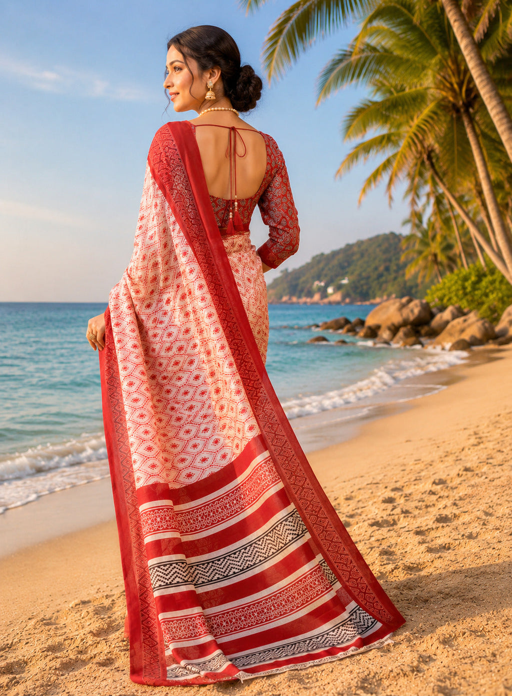 White Printed Ready-To-Wear Chanderi Cotton Saree with Blouse