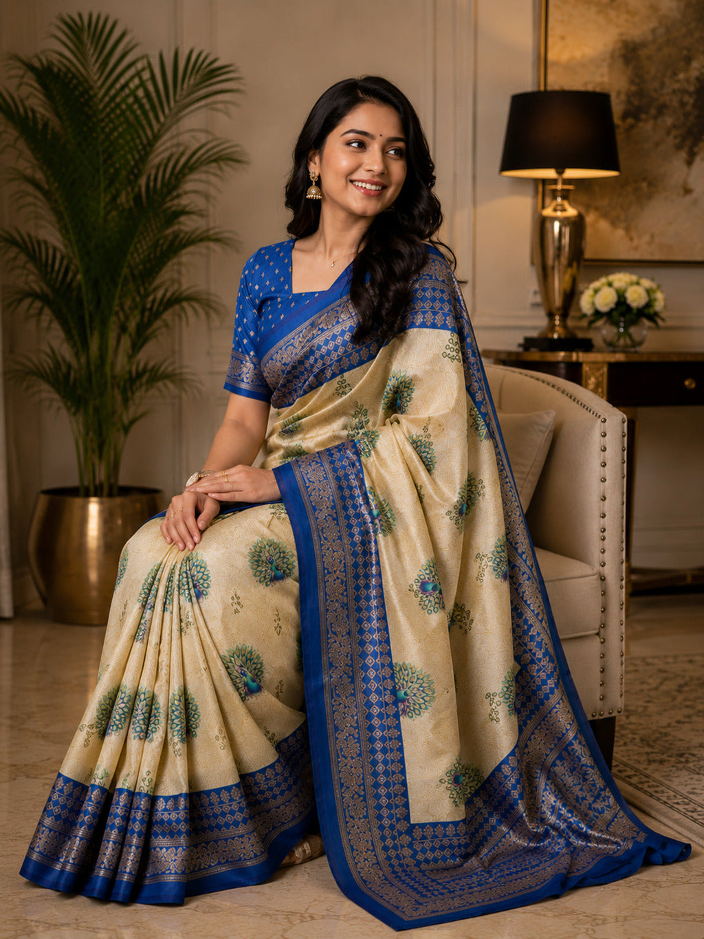 Off-White Printed Linen Ready To Wear Party Saree