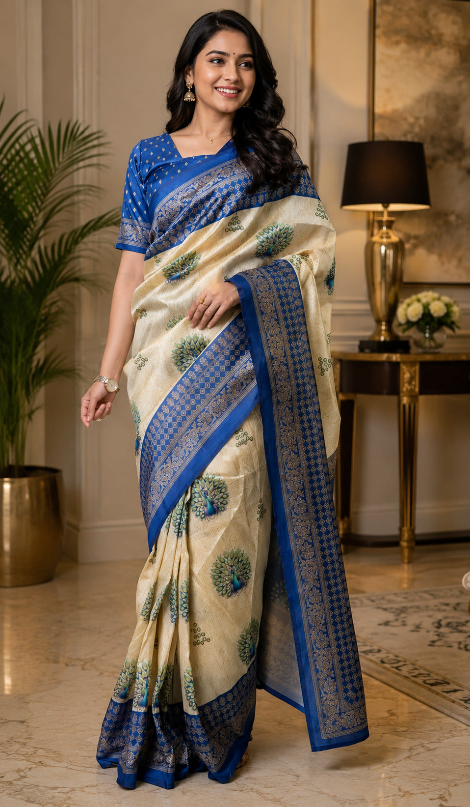 Off-White printed ready-to-wear party saree in Chanderi Cotton