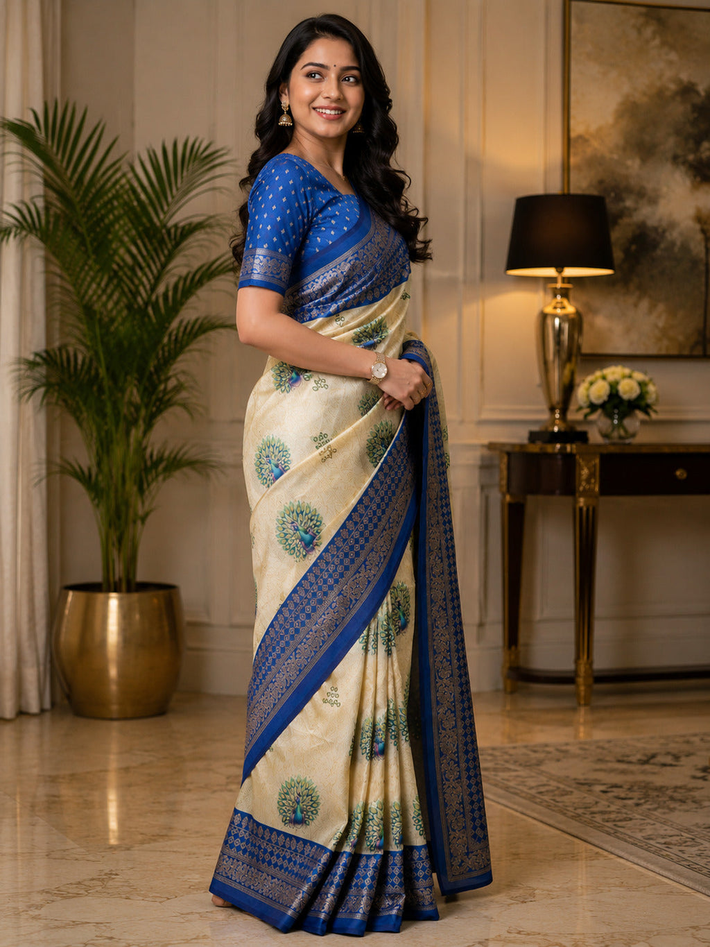 Off-White Printed Linen Ready To Wear Party Saree