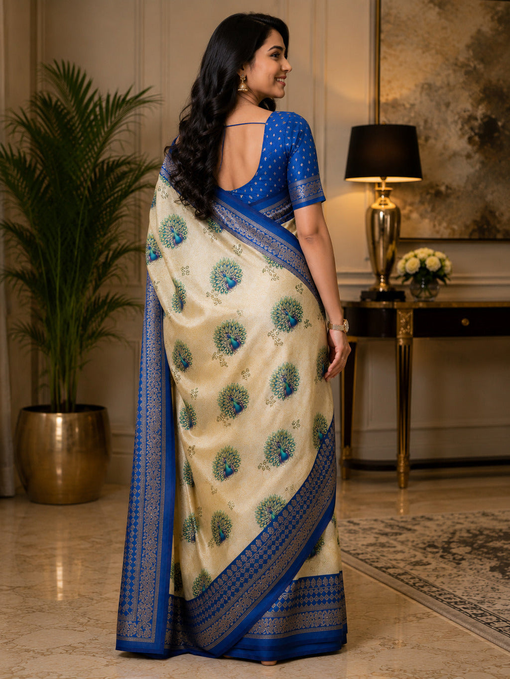 Off-White Printed Linen Ready To Wear Party Saree