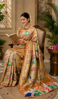 Beige Printed Chanderi Cotton Ready-to-Wear Saree with Blouse