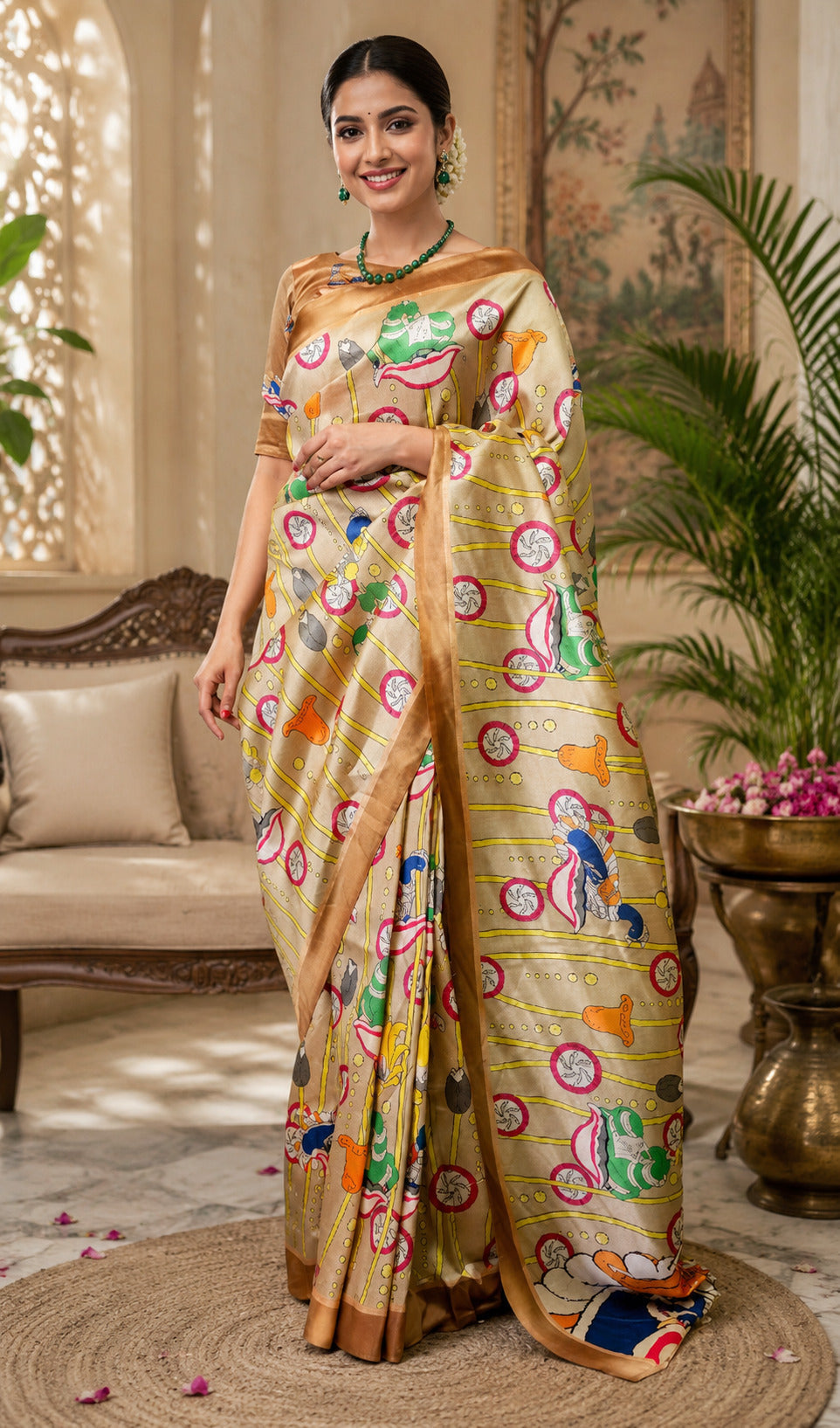 Sophisticated Beige Printed Chanderi Cotton Ready-to-Wear Saree with unstitched blouse