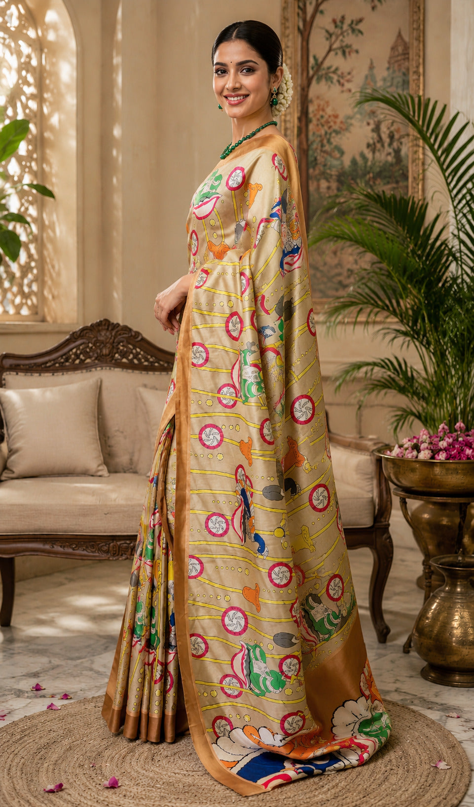 Beige Printed Chanderi Cotton Ready-to-Wear Saree with Blouse
