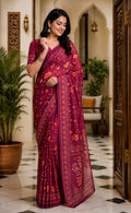 A maroon printed ready-to-wear Chanderi Cotton saree with an unstitched blouse piece.