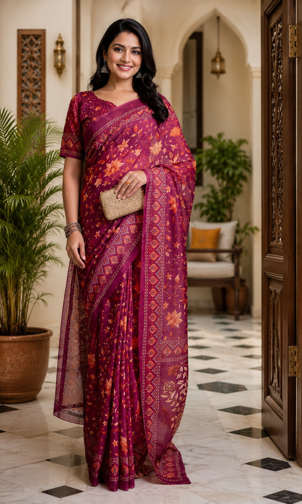 Maroon Printed Ready-to-Wear Chanderi Cotton Saree with Blouse