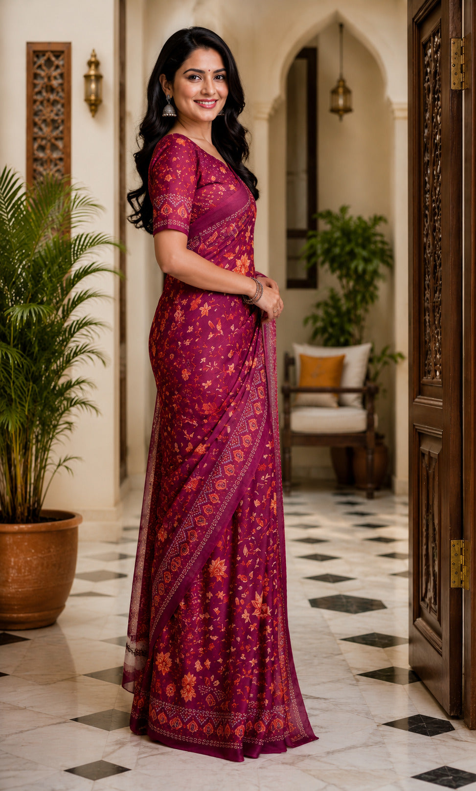 Maroon Printed Ready-to-Wear Chanderi Cotton Saree with Blouse