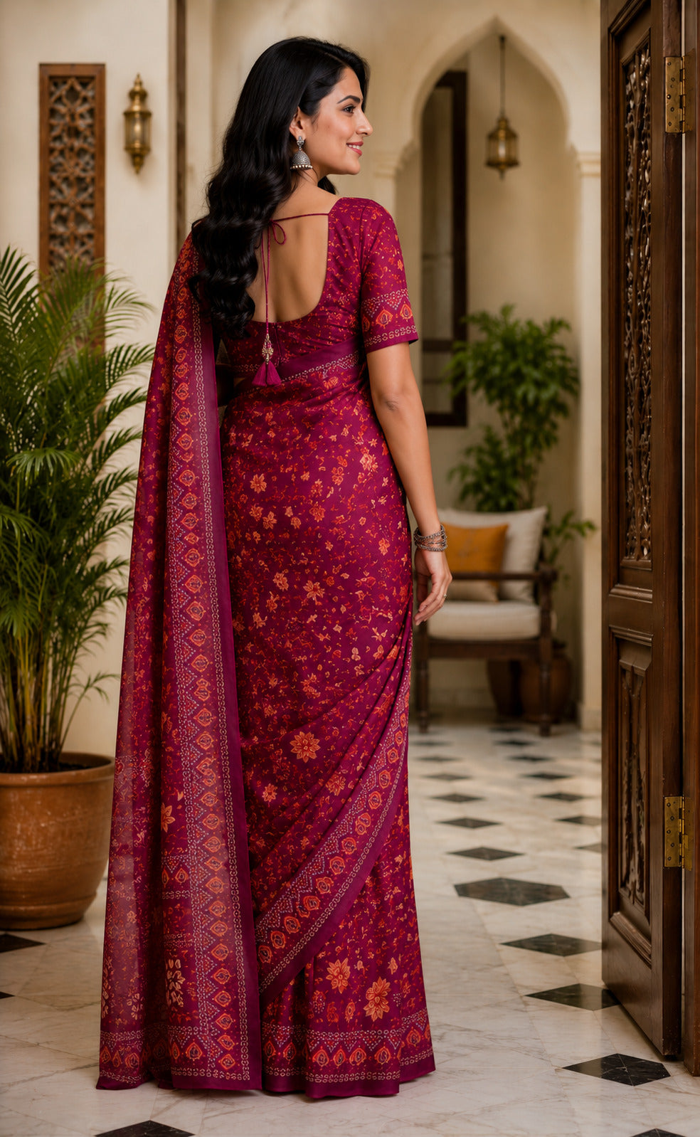 Maroon Printed Ready-to-Wear Chanderi Cotton Saree with Blouse