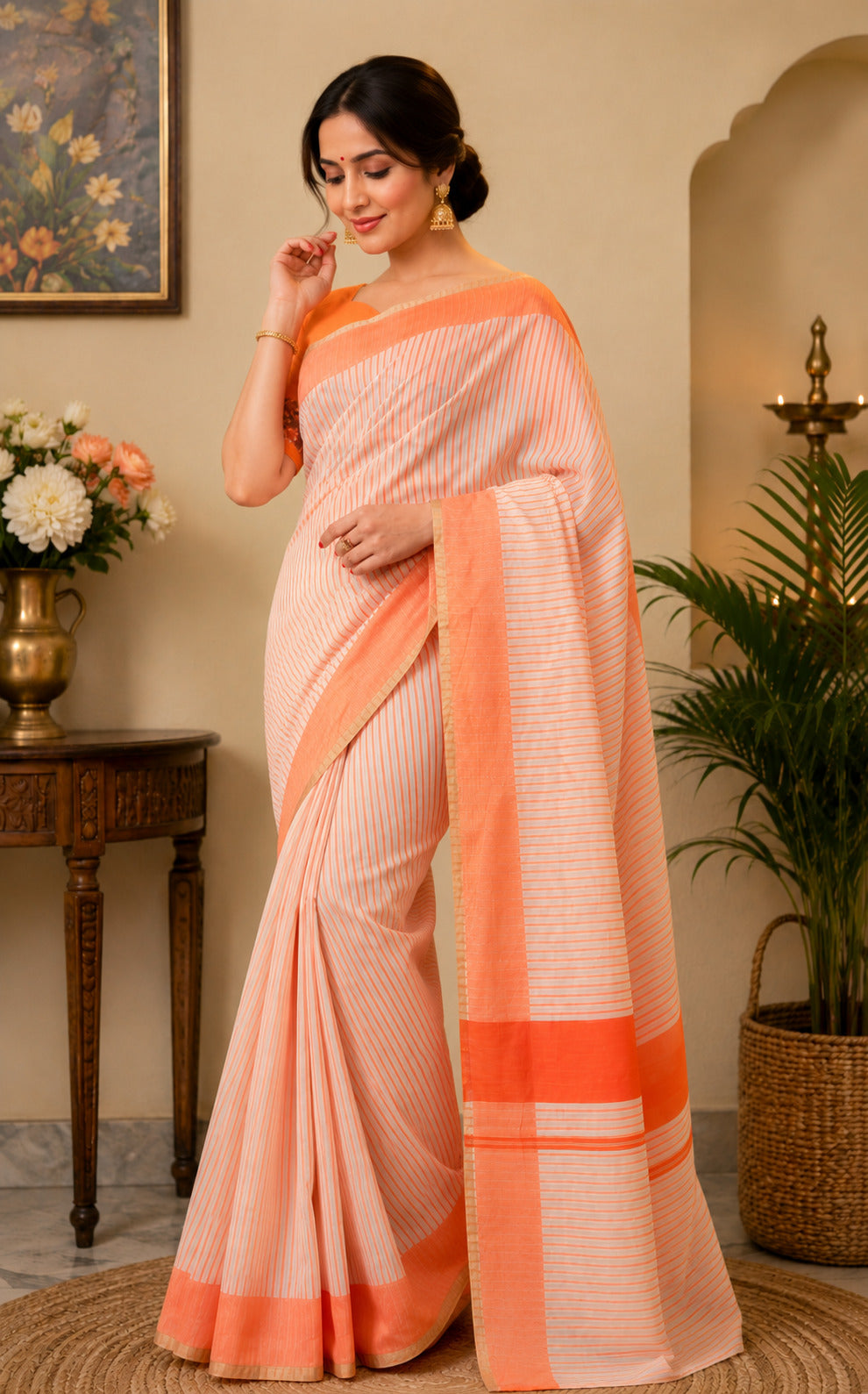 Woman wearing an orange printed Chanderi Cotton ready-to-wear saree with matching blouse