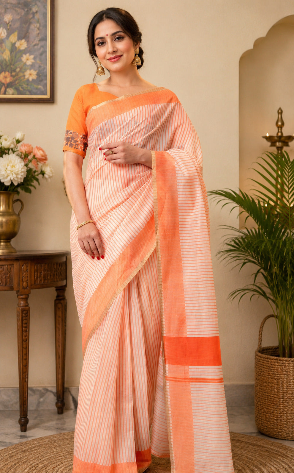 Orange Printed Chanderi Cotton Ready-To-Wear Party Saree