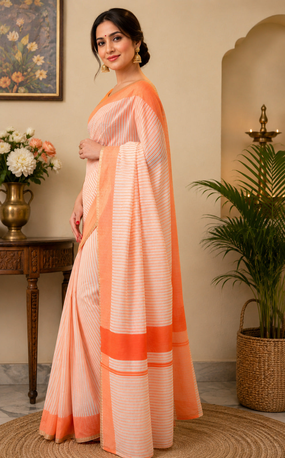 Orange Printed Chanderi Cotton Ready-To-Wear Party Saree