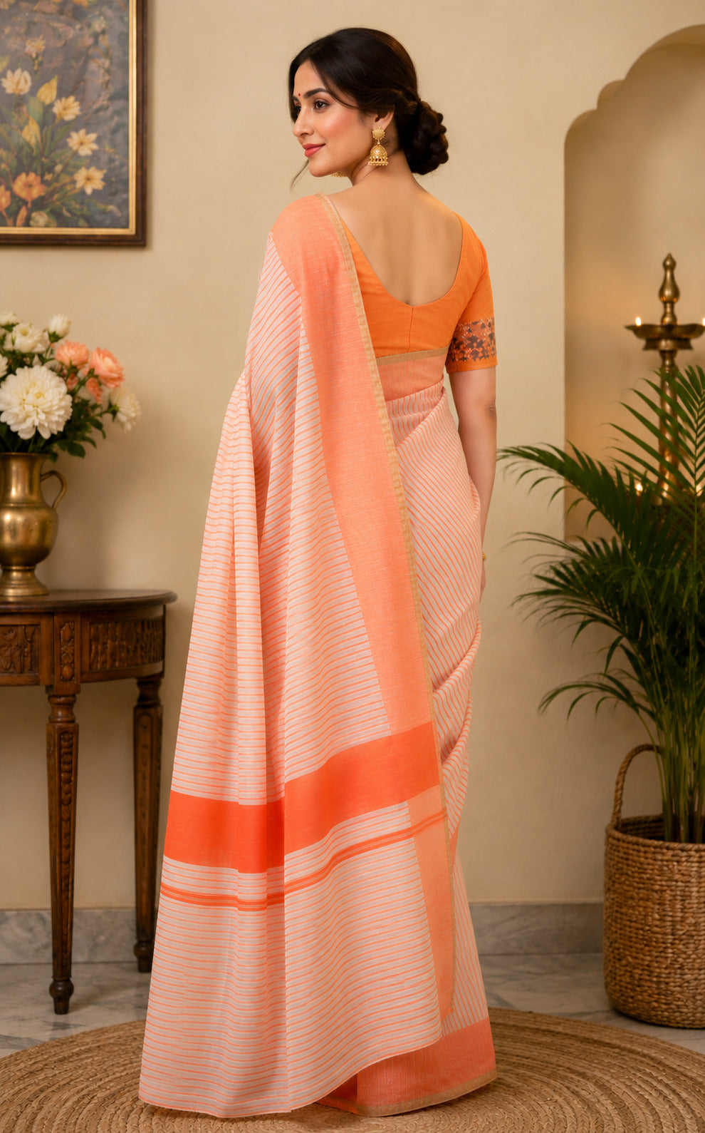 Orange Printed Chanderi Cotton Ready-To-Wear Party Saree