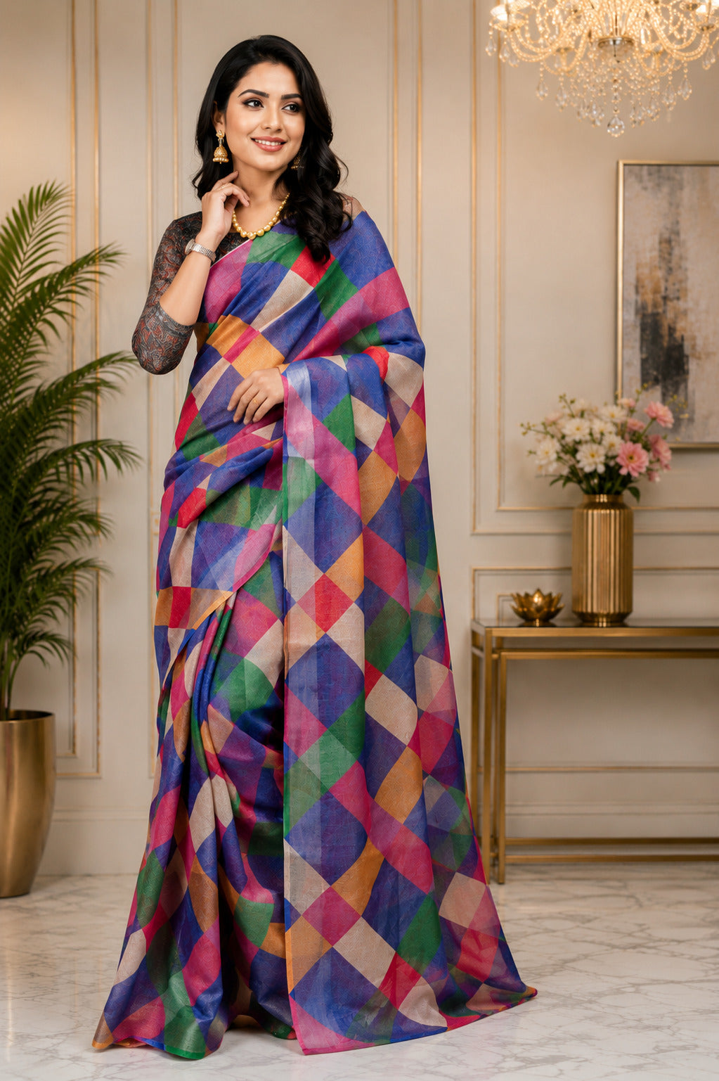 Multicolor printed ready-to-wear saree in Chanderi cotton with unstitched blouse